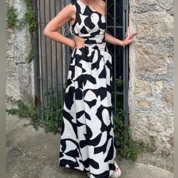 Abercrombie & Fitch Abstract One Shoulder Cut Out Maxi Dress Black White Size L - Picture 3 of 13